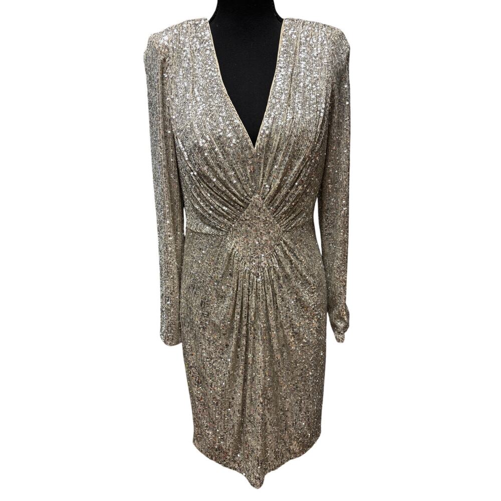 Eliza J Long Sleeve Sequin Dress Size 6 Silver Stretch Cocktail Evening Formal